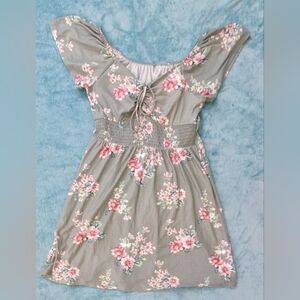 Gray and Pink Sundress with Flutter Sleeves and Off the Shoulder Neckline